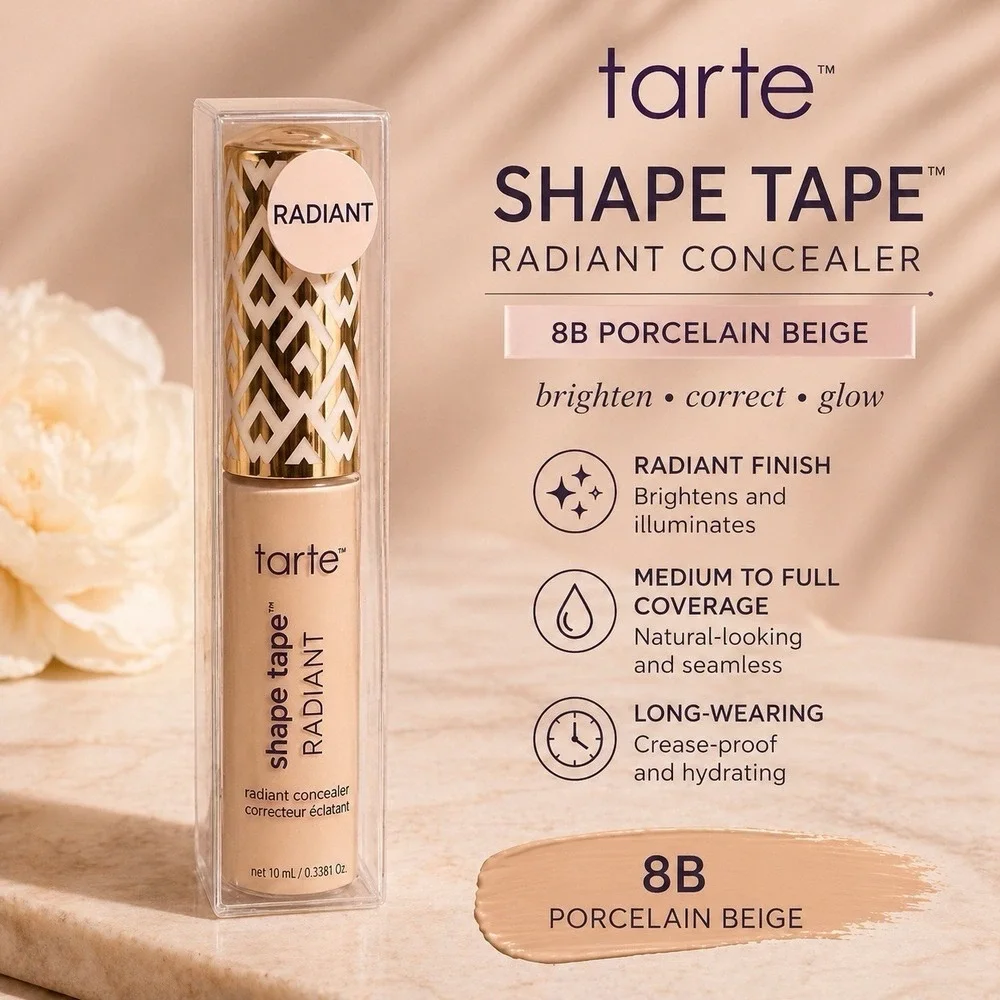 Tarte Shape Tape Radiant Concealer 8B Porcelain Beige Full Size 10ml New
